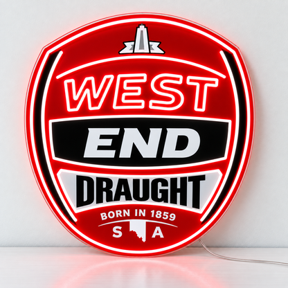 West End Draught neon sign front view on clear cut-to-shape acrylic