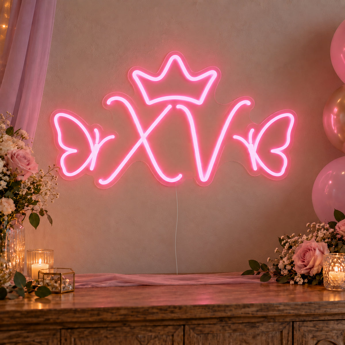 Xv Crown Butterflies Neon Sign on clear cut-to-shape acrylic, illuminated on a wall in a styled celebration setting