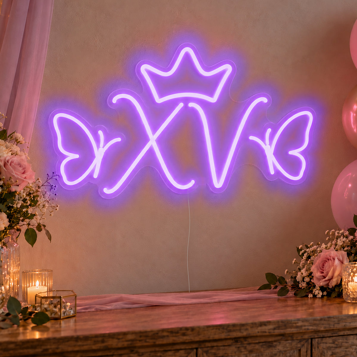Xv Crown Butterflies Neon Sign in purple LED neon on clear acrylic, angled view