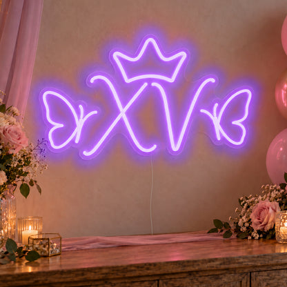 Xv Crown Butterflies Neon Sign in purple LED neon on clear acrylic, angled view
