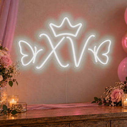 Xv Crown Butterflies Neon Sign in white LED neon on clear acrylic, angled view
