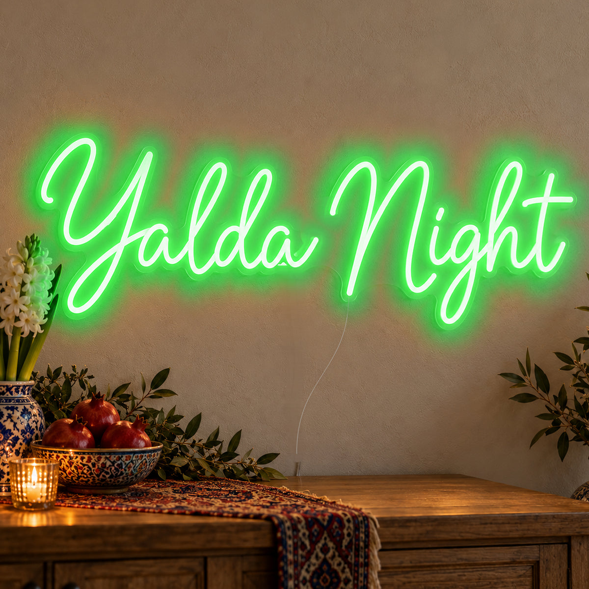 Yalda Night Neon Sign in green LED neon on clear acrylic, angled view