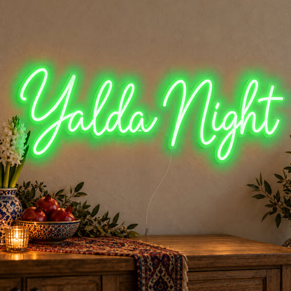 Yalda Night Neon Sign in green LED neon on clear acrylic, angled view