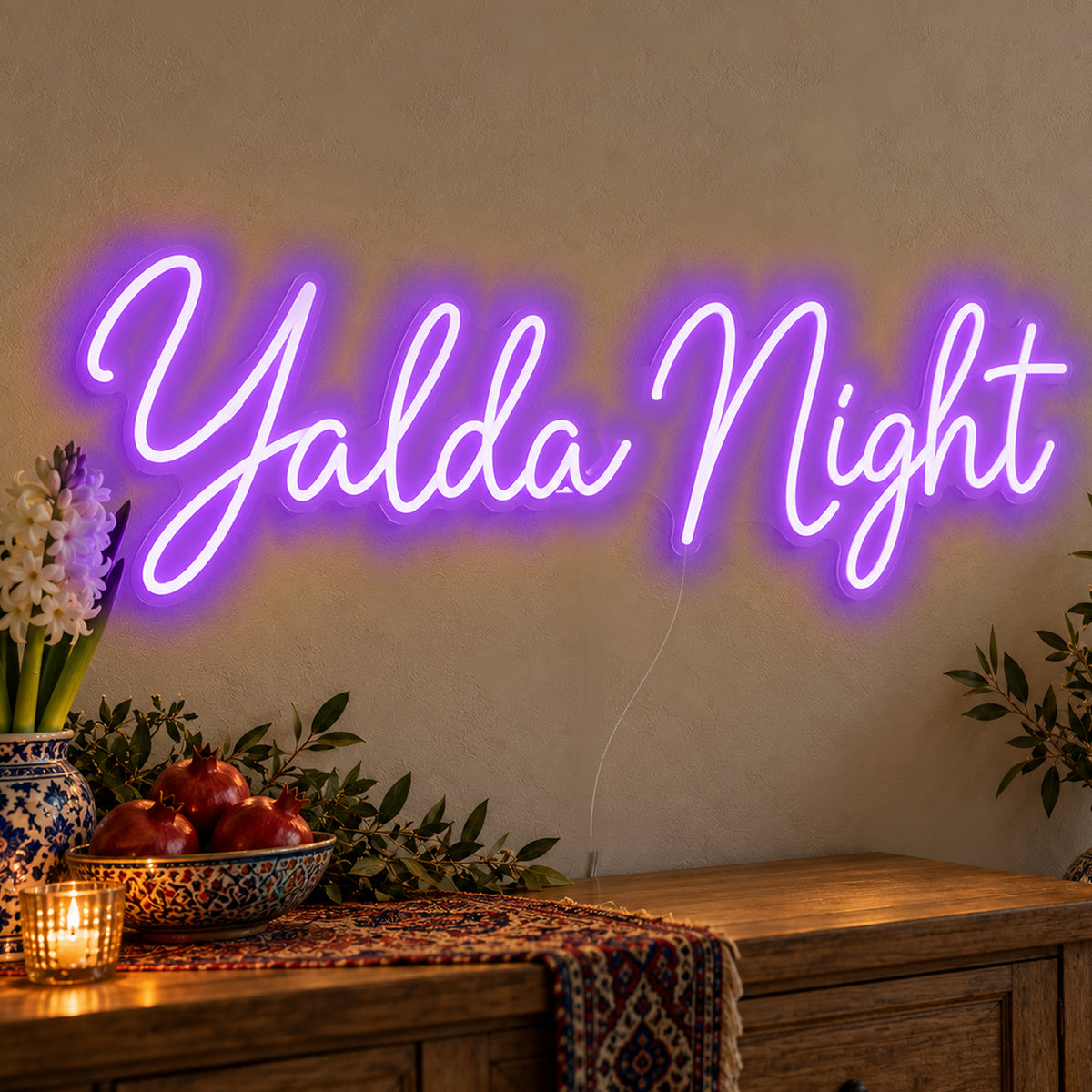 Yalda Night Neon Sign in purple LED neon on clear acrylic, angled view