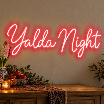 Yalda Night Neon Sign in red LED neon on clear acrylic, angled view