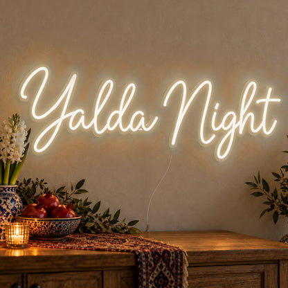 Yalda Night Neon Sign in warm white LED neon on clear acrylic, angled view